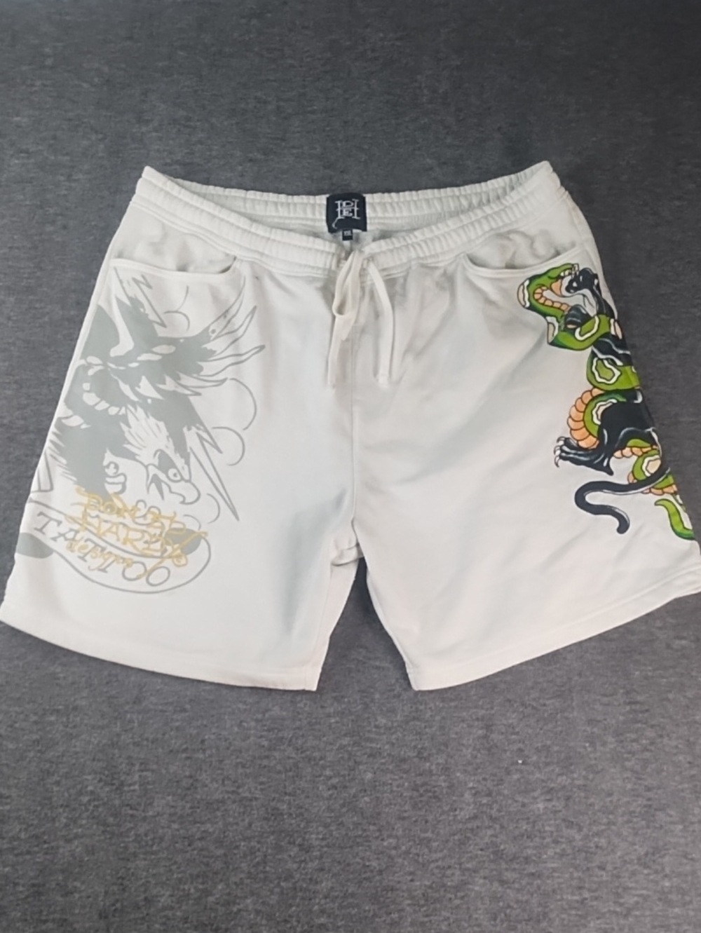 Ed Hardy Men's White Athletic Drawstring Shorts with Snake Graphic 2XL